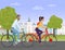 Young couple riding a sport bikes on a park road on the old city background. People bicycle Vector illustration.