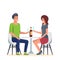 Young Couple in Romantic Date in Cafe. Flat Vector