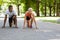 Young couple runner jogger in park outdoor summer