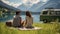 Young Couple\\\'s Lakeside Picnic in the Alps. Romantic Alps Escape. Generative AI