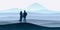 Young couple in scenic Landscape hills mountaine valley silhouette panorama horizon minimal style. Man and woman are