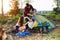 Young couple setting up tent outdoors,hiking and camping