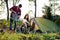 Young couple setting up tent outdoors,hiking and camping.