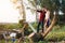 Young couple setting up tent outdoors,hiking and camping.