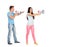 Young couple shouting with megaphones