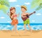 Young couple singing and dancing on the beach