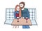 Young couple sits in a cafe and drinks wine. Romantic date. The guy hugs the girl. Lineart colorful flat illustration.