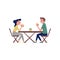 Young couple sitting behind wooden table and eating tasty burgers. Lunch time. Fast food theme. Flat vector design