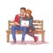 Young couple sitting on a bench and listen to music