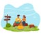 A young couple is sitting by a campfire in nature. Summertime camping, hiking, camper, adventure time concept. Flat