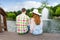 Young couple sitting on the wooden deck and feeding ducks in a p