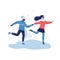 Young couple skating in winter park rest zone vector flat illustration isolated on white background. People having