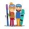 Young couple with ski and snowboard