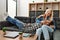 Young couple smling happy sitting on the sofa at home