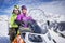 Young couple on a snowmobile ski resort