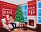 Young couple on sofa and cat in decorated guest room interior with a fireplace. Family celebration. Christmas tree