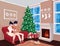 Young couple on sofa and cat in decorated guest room interior with a fireplace. Family celebration. Christmas tree