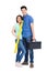 Young couple standing with spirit level measuring tool and tool box