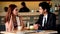 Young couple talking in cafe coffee shop happy date couple communication positive relationship while relaxing in cafe drinking cof