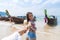 Young Couple Tourist Long Tail Thailand Boat Port Ocean Sea Vacation Travel Trip