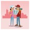 Young couple tourist map rucksack cap traveler urban background