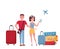 Young couple tourists with suitcases and bags on wheels on white background. scene at airport, search for information in mobile