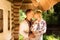 Young couple in traditional Ukrainian clothes kissed on the background of old ukrainian architecture