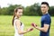 young couple training with dumbbells