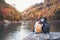 Young couple traveler looking beautiful landscape at arashiyama Japan, Travel lifestyle