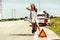 Young couple traveling on the car in sunny day