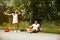 Young couple traveling on the car in sunny day