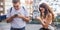 Young couple using smartphones. Emotional isolation and technology depresion