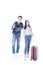 Young couple vacation travel on isolated. Young Asian man and women are preparing for the journey happily on white background. Man