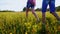 Young couple walking along a meadow at sunset, holding hands. The frame only shows the legs