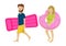 Young couple walking with inflatable mattress and sprinkled donut float