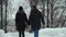 Young couple walking in winter park covered with snow holding hands. Winter leisure of happy loving couple. Back