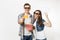 Young couple, woman and man in 3d glasses watching movie film on date holding bucket of popcorn, say cloud with