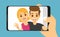 Young couple woman, man taking selfie photo on smartphone. Cute portrait of best friends on phone screen.