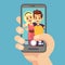 Young couple woman, man taking selfie photo on smartphone. Cute portrait of best friends on phone screen. Cartoon vector