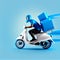 Young courier, delivery man in uniform with thermo backpack on a moped  on blue background. Fast transport