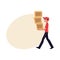 Young courier, delivery service worker carrying pile of boxes, packages