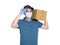 Young couriers wear medical masks before work during the covid-19 epidemic. The package is carried on the shoulder, and the hand i