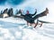 Young crazy man having fun with wood vintage sledding on snow mountain landscape - Happy guy enjoy winter vacation - Holiday