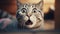 Young crazy surprised cat make big eyes closeup. American shorthair surprised cat