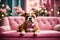 Young Curious Bulldog Dog Puppy Sitting On Pink Sofa. ai generative
