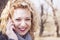 Young curly blond woman talking on the phone in outdoors