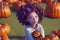 Young curly hair redhead girl holding a Halloween jack-o-lantern carved pumpkin
