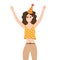 Young curly lady in trendy top and party hat smiling and rising hand up. Concept of happy woman who has fun at the party. Female