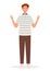 Young curly man in casual clothes. Student concept character. Happy high school boy. Vector illustration in a flat style