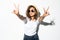 Young curly mulatto woman in sunglasses and straw hat with peace gesture isolated on white background